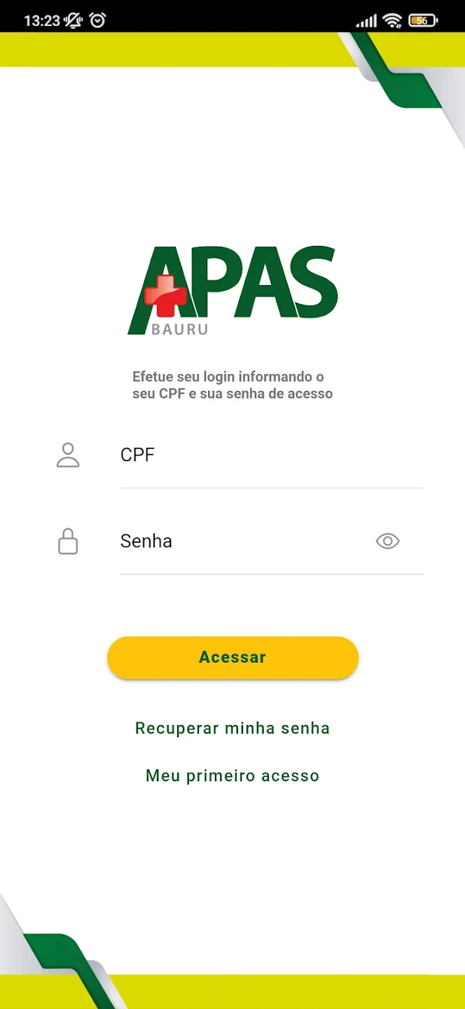 Tela de acesso do aplicativo APAS Bauru Saúde