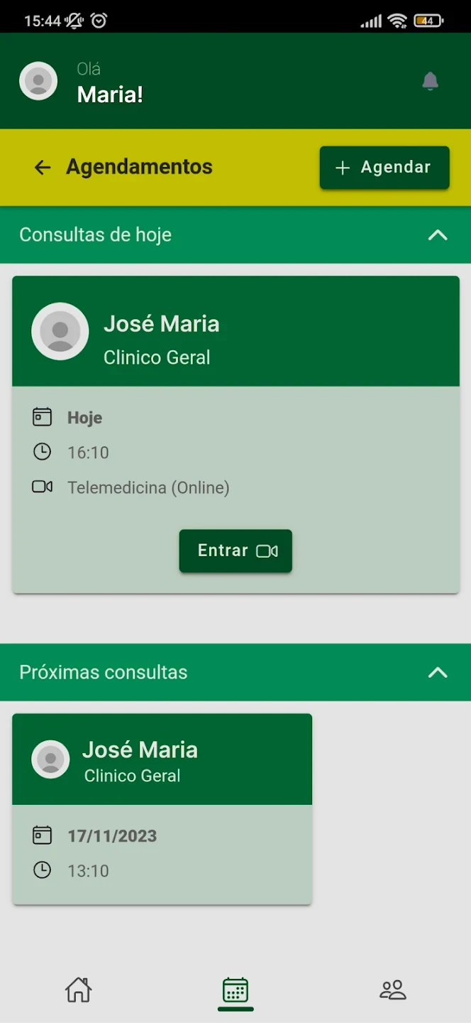 Tela de agendamentos do aplicativo APAS Bauru Saúde