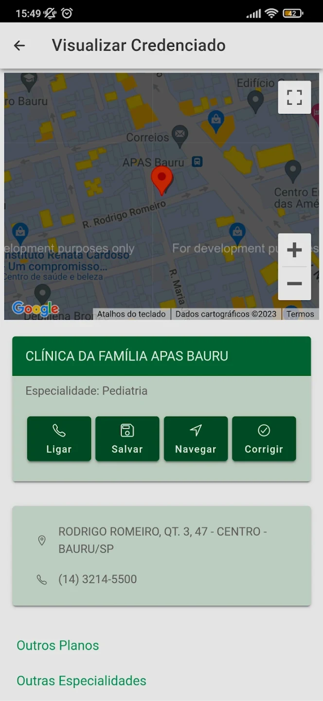 Tela com mapa no aplicativo APAS Bauru Saúde