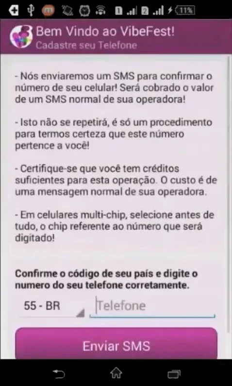 Tela inicial de validação por SMS do VibeFestApp