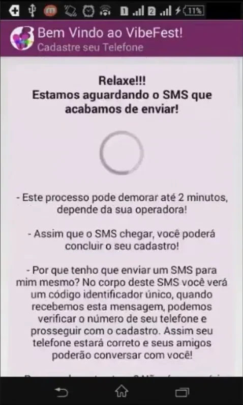 VibeFestApp aguardando confirmação por SMS