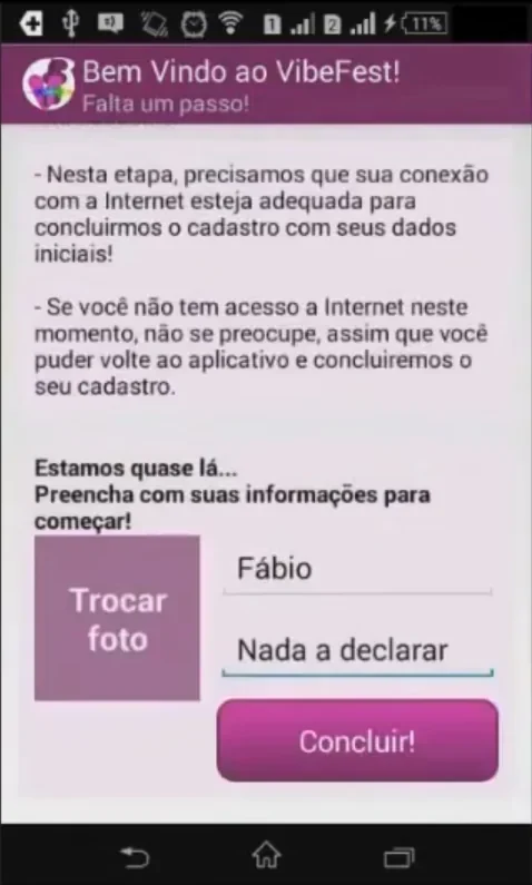 Cadastro de perfil no VibeFestApp