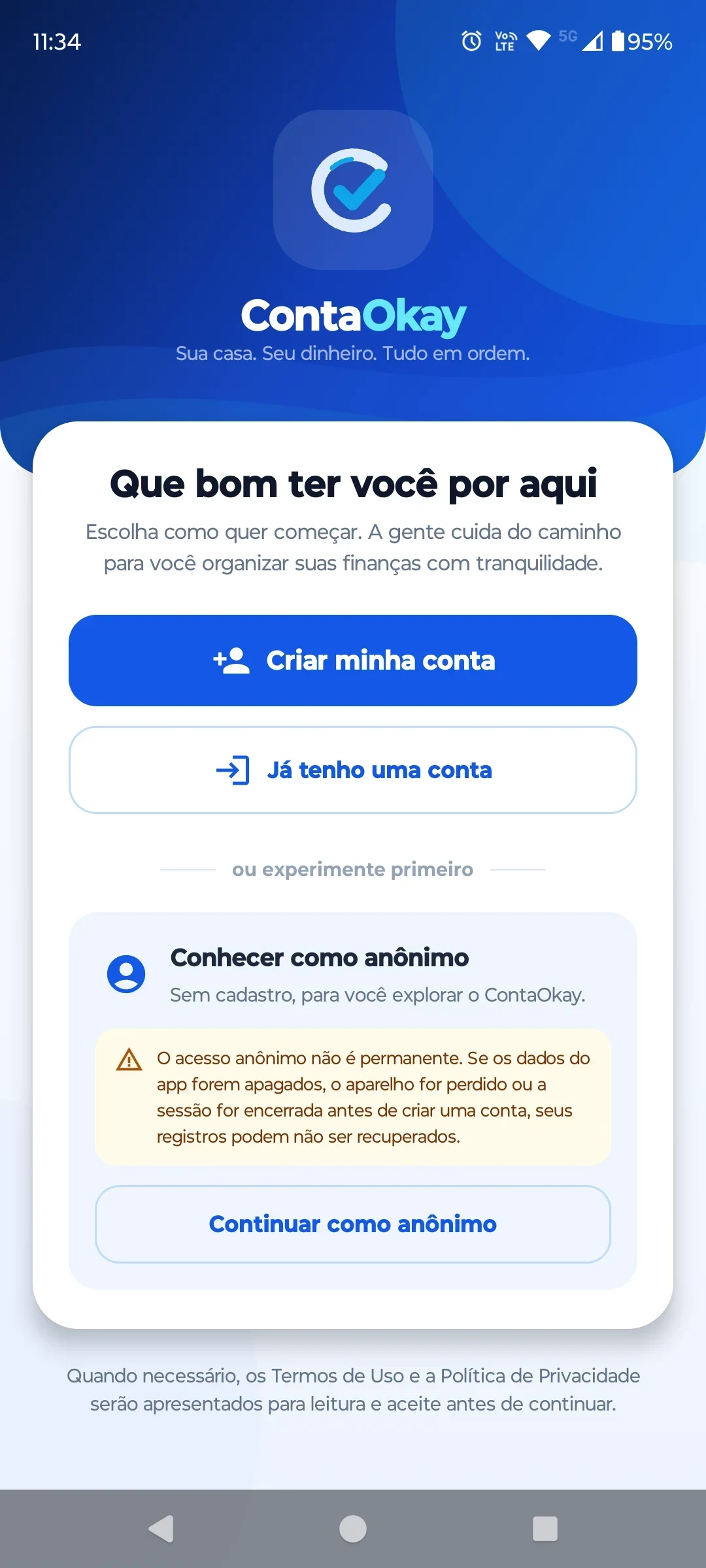 Tela inicial de boas-vindas do ContaOkay
