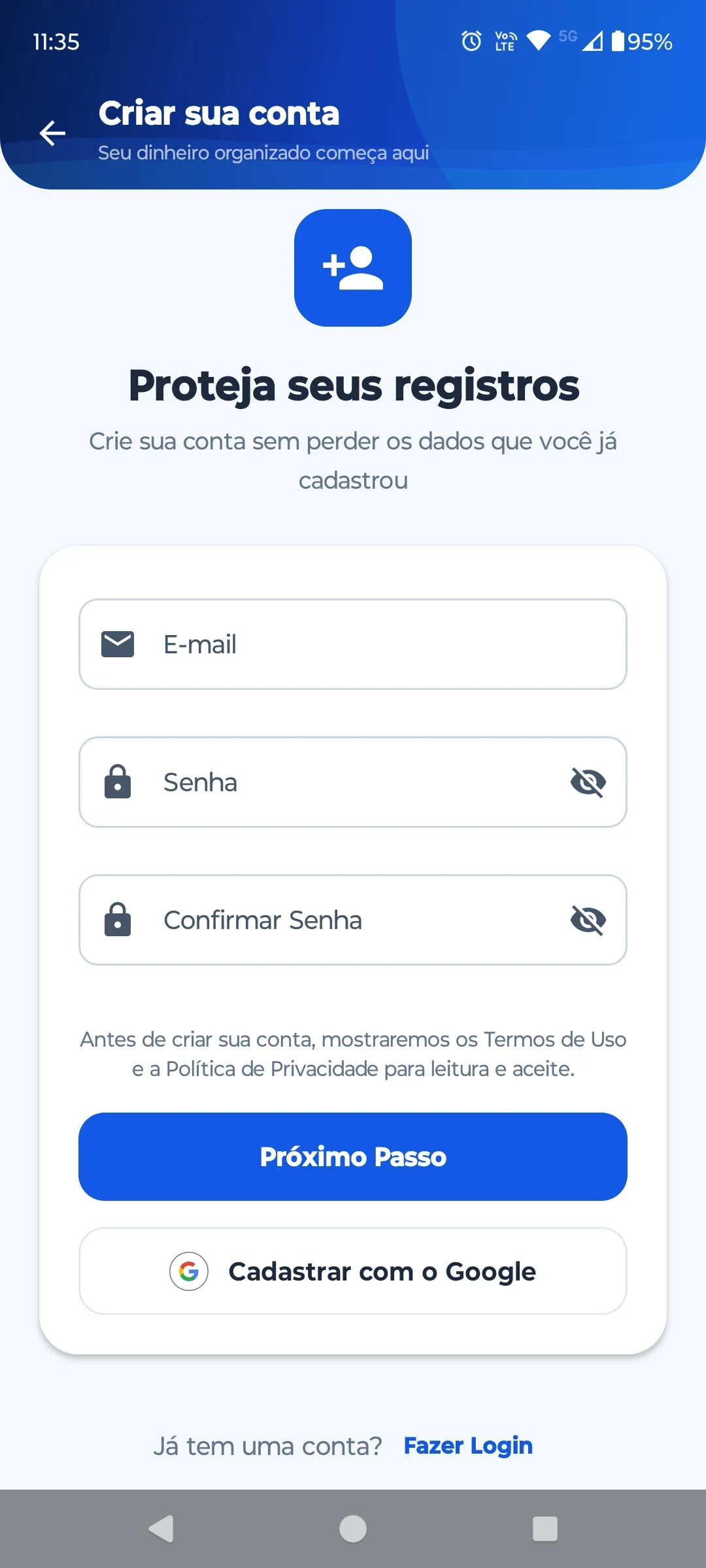 Tela de criação de conta do ContaOkay