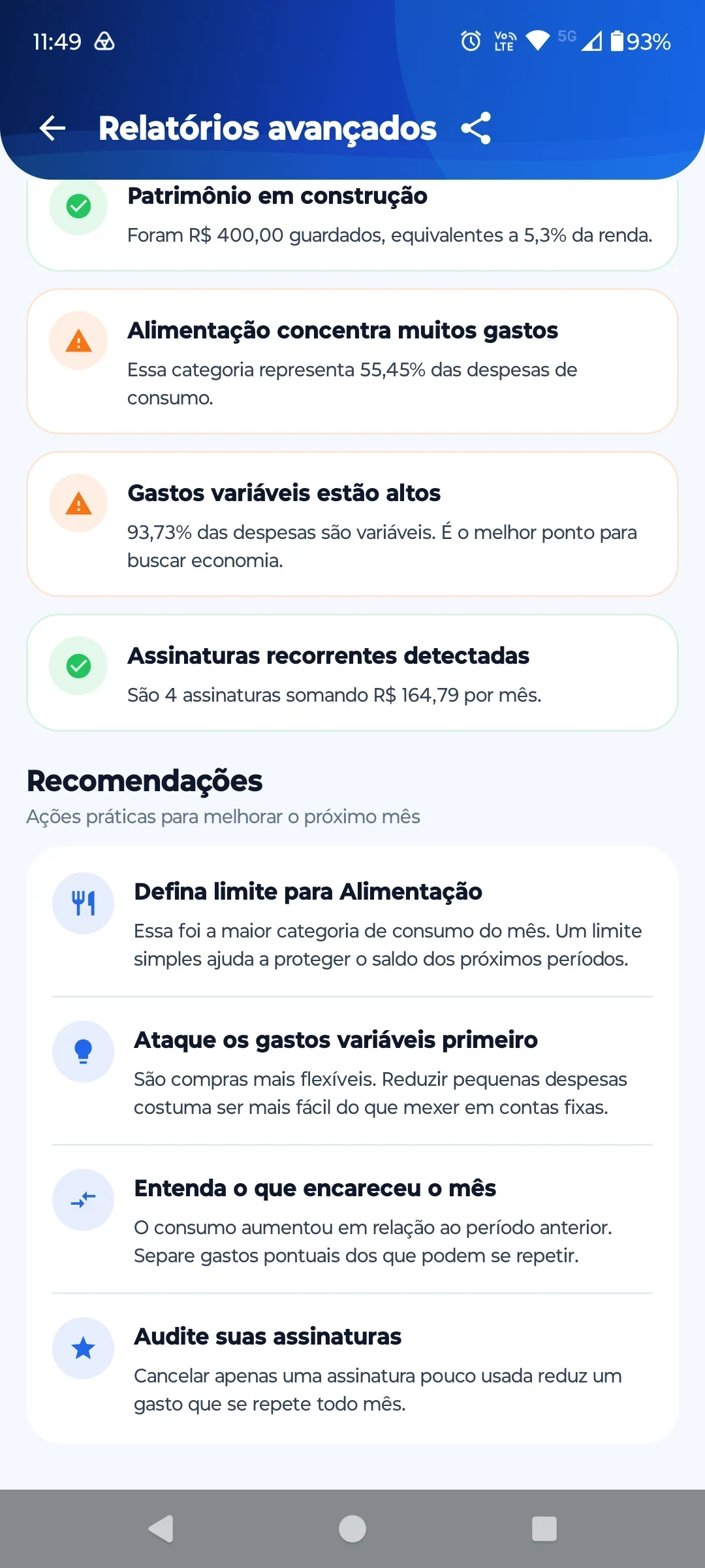 Recomendações dos relatórios avançados do ContaOkay