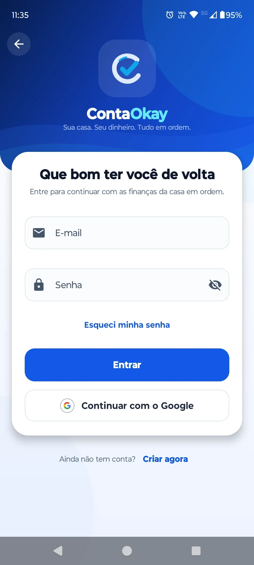 Tela de login do ContaOkay
