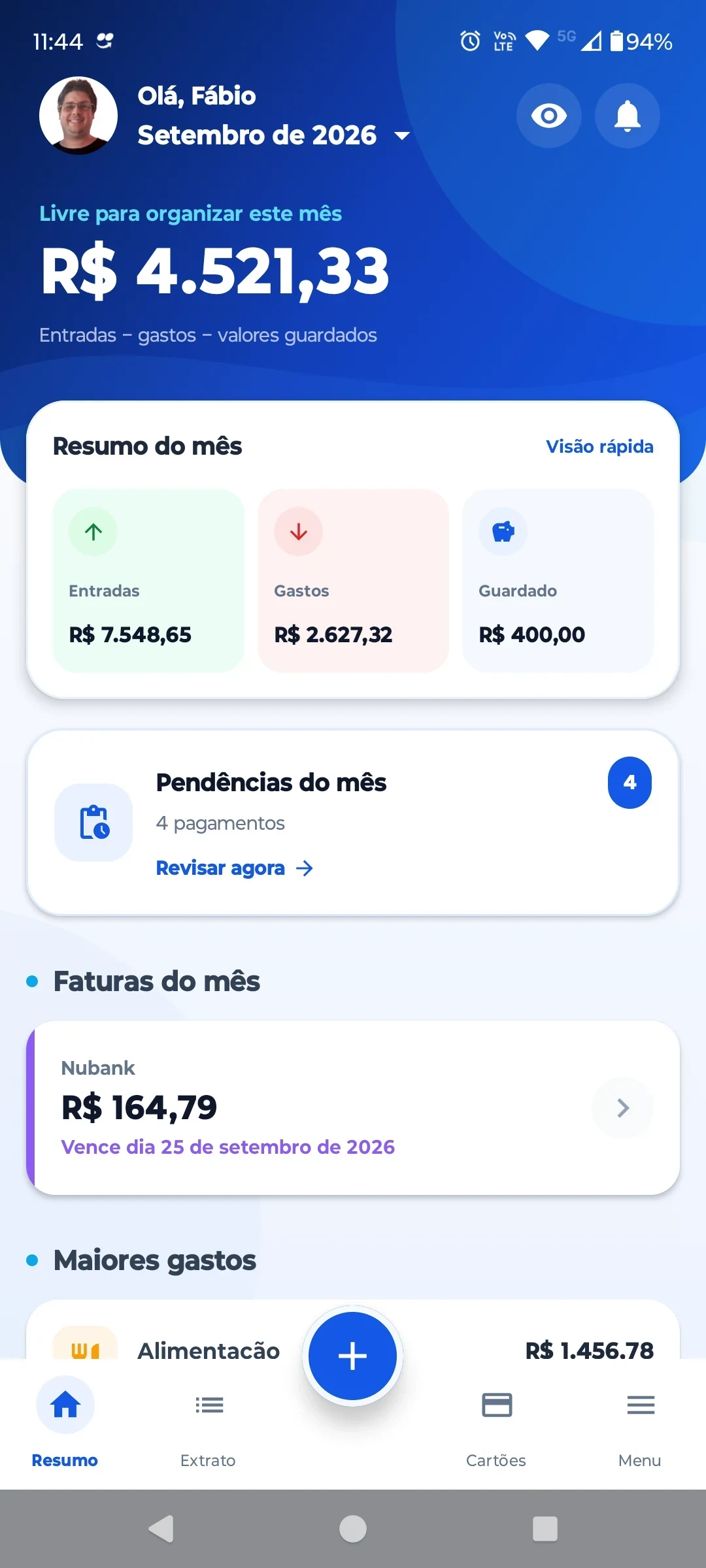 Dashboard do aplicativo ContaOkay
