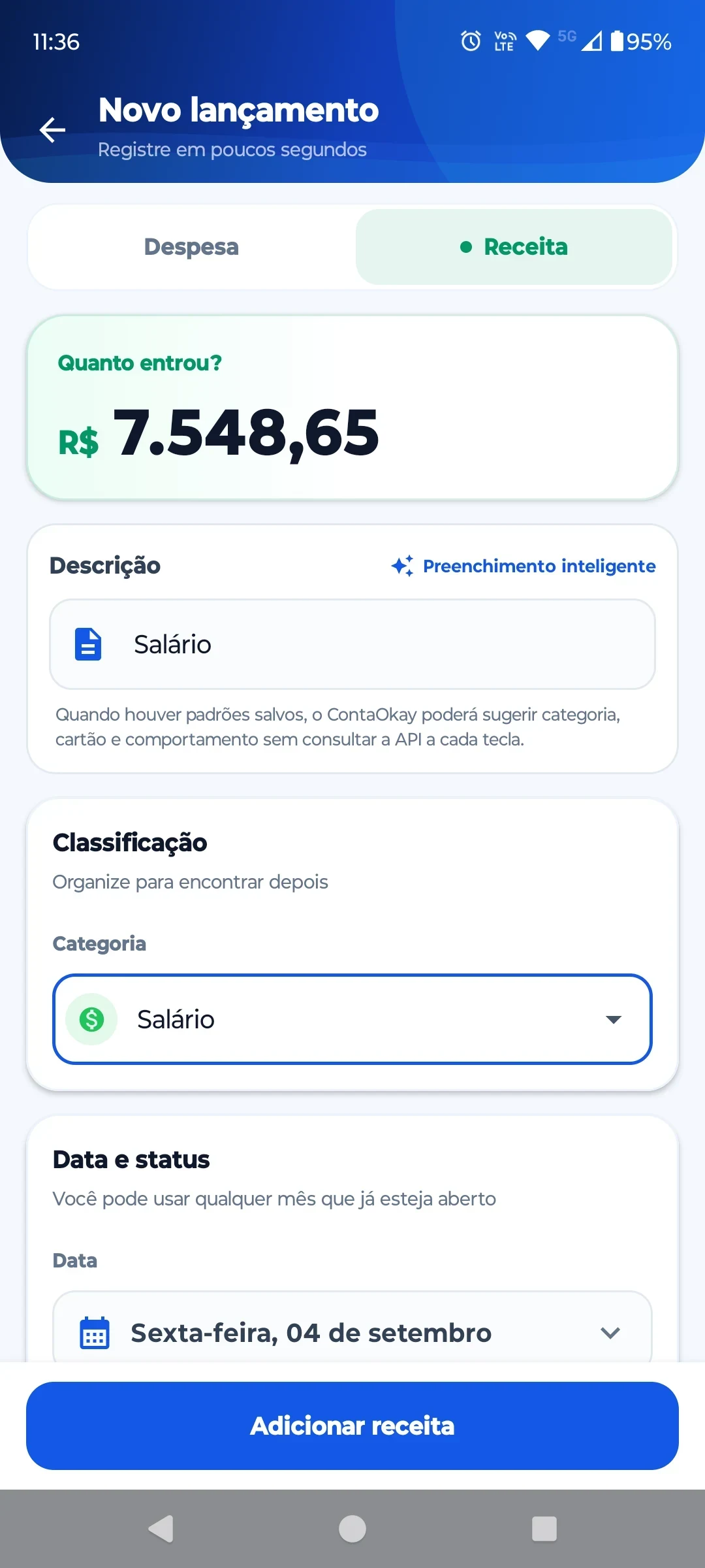 Tela de novo lançamento do ContaOkay