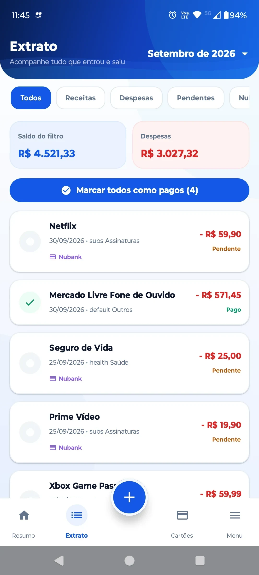 Extrato financeiro do ContaOkay