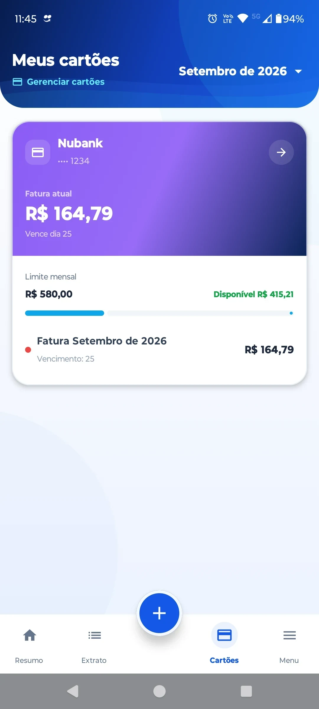Tela de cartões do ContaOkay