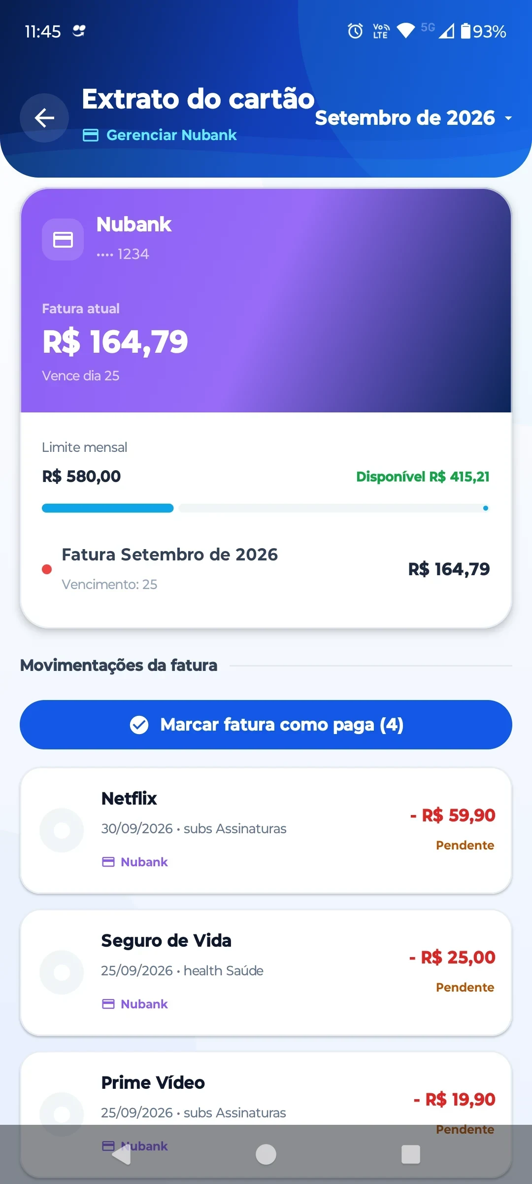 Extrato de cartão do ContaOkay